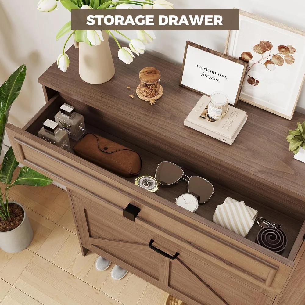 IRONCK Shoe Storage Cabinet with 2 Flip Drawers & Barn Door Design, Freestanding Shoe Cabinet Organizer with Drawer and Shelves