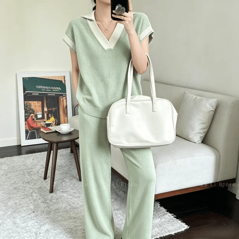 

2026v Collar Sleeveless Knittingtopsloose Pants Women's Design Unique Casual Lazy Knittingtwo-piece Set