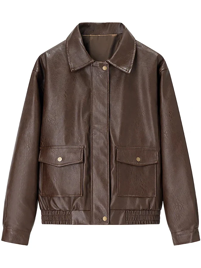 American Sle Vintage Faded Leather Jaet ملابس خارجية فضفاضة للتنحيف معطف من مادة البولي يوريثان لموسم الخريف للسيدات...