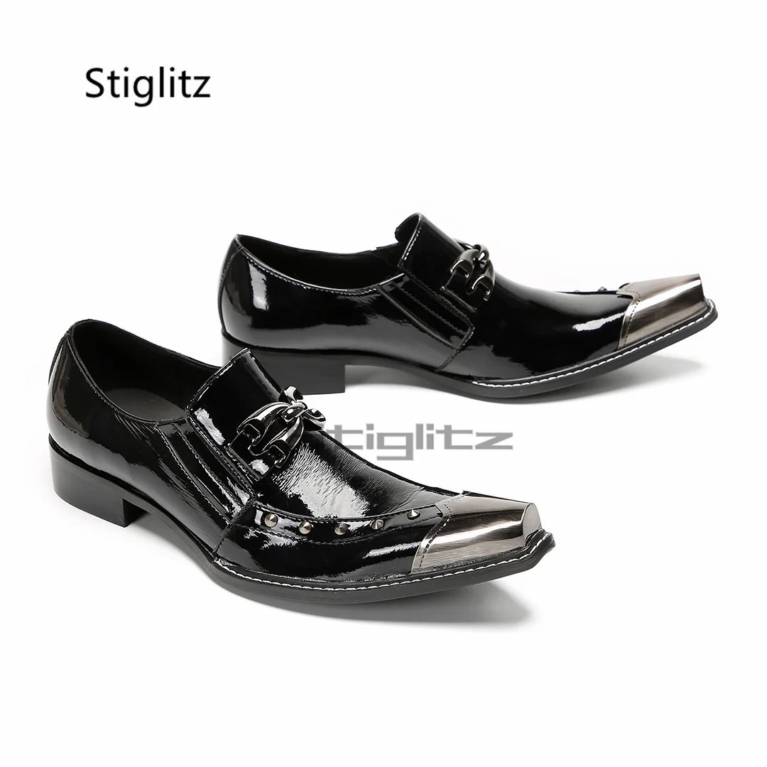 

Metal Buckle Dress Leather Shoes for Men Metal Pointed Toe Genuine Cowhide Rivet Slip On Black British Style Business Shoes