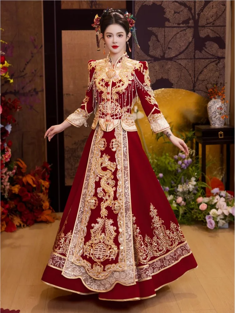 

New velvet bride's toasting dress Chinese-style wedding for women
