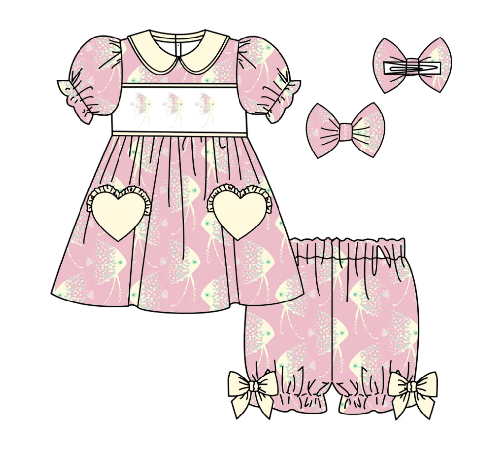 بدلة صيفية للأطفال من حرير الحليب بيجامة وردية بأكمام قصيرة تصميم جيب على شكل قلب أصفر ملابس فتاة رائعة سمكة صفراء pr #1