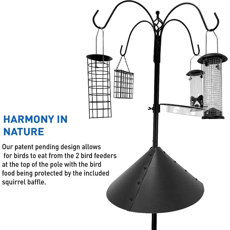 Squirrel Proof Bird Feeder Wild Bird Station - Powder Coated 81 Inch Steel Pole Squirrel Baffle 4 Bird Feeders 1 Squirrel Peanut