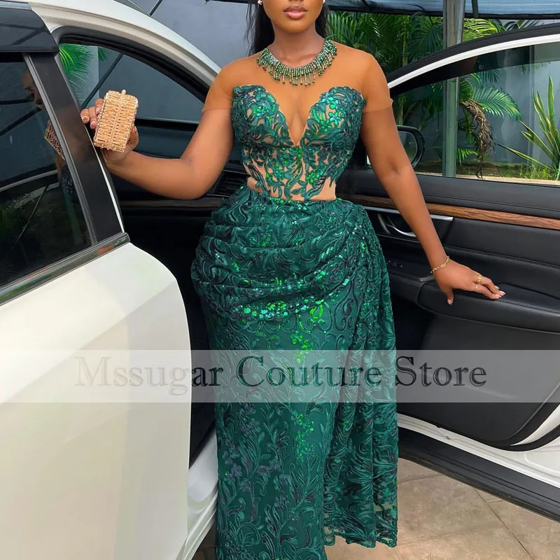 Classic Africa Sequined Evening Gowns Sheer Neck Long Mermaid Prom Dress Beading Women\'s Special Occasion Gown