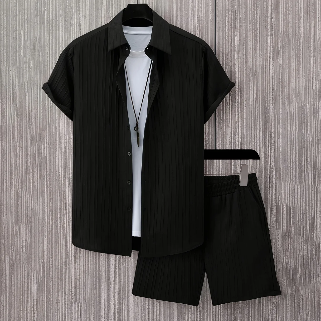 Summer Trend Men's Black Pleated Short Sleeve Shirt Shorts Suit Casual Street Boys Casual Suit - view 6