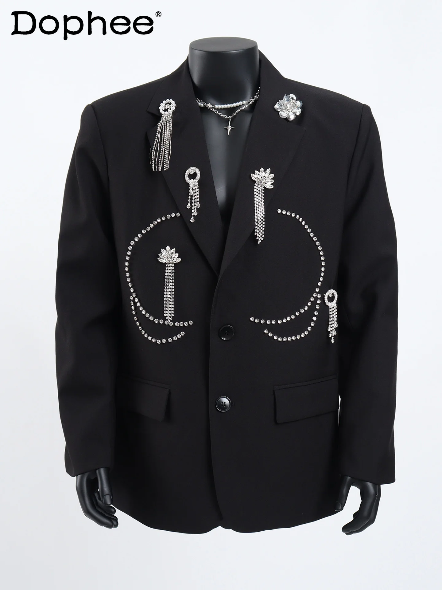 سترة سوداء بتصميم عصري فاخر للرجال، بدلة أداء مزخرفة معدنية راقية، سترة عصرية متعددة الاستخدامات #1