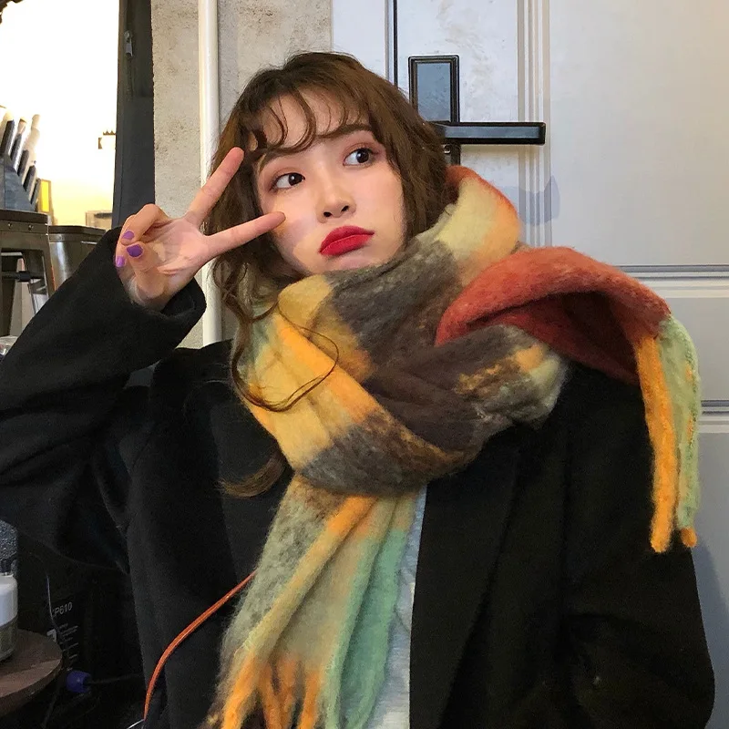 Rainbow Scarf Women's Autumn and Winter Plaid Versatile Shawl Dual-Use Thick Warm Scarf