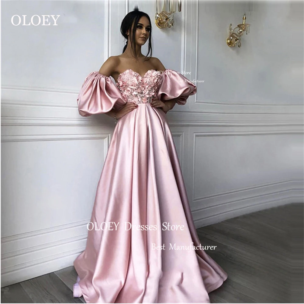 OLOEY-Vestido largo de satén con flores en 3D para mujer, traje de fiesta de boda con escote Corazón, línea A, color rosa, estilo árabe