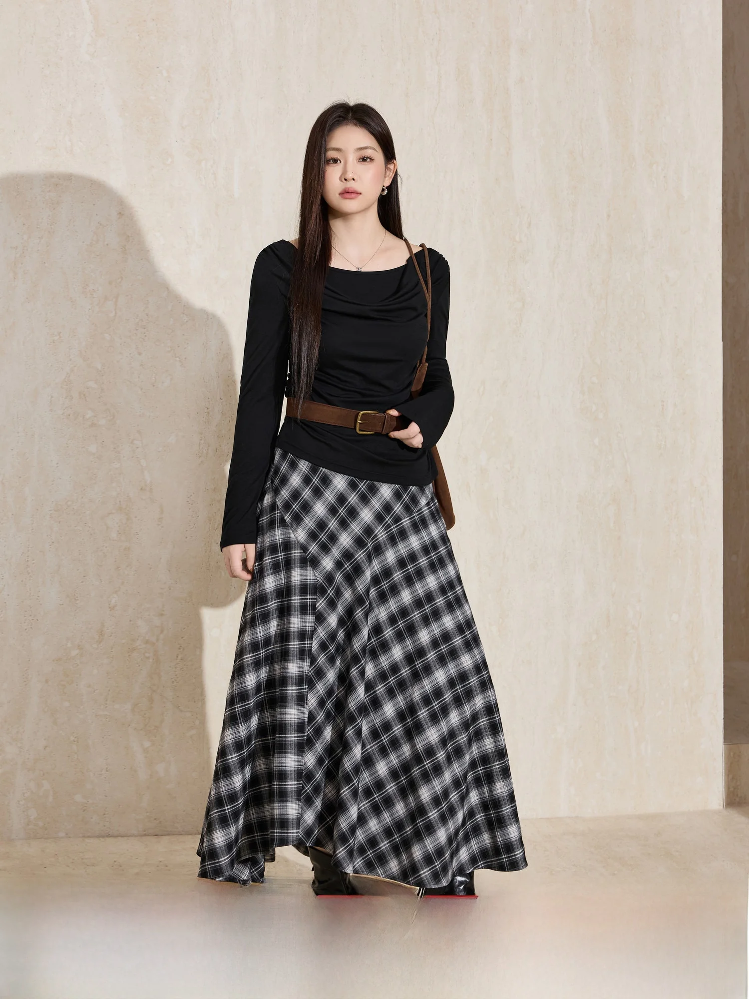 

Blue Language Large Size Women's Ele Asymmetrical Design Plaid Skirt High Waist Slimming Long Dr Autumn New Arrival