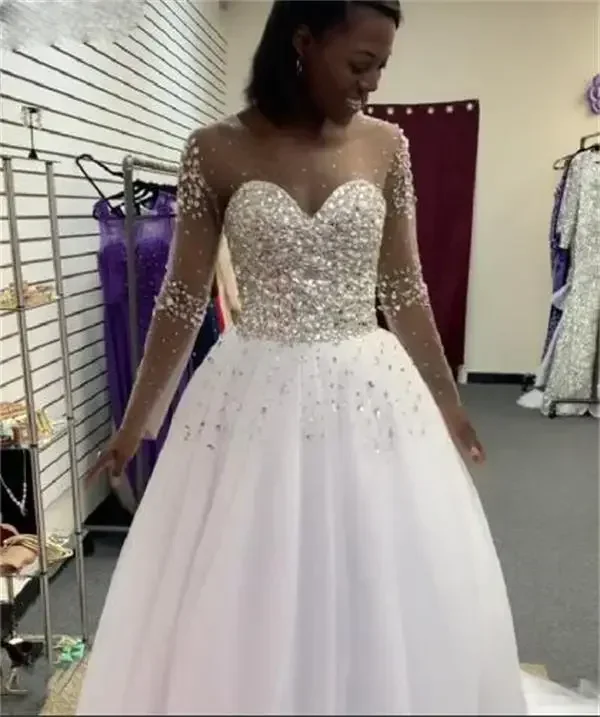 Customize Wedding Dresses Shining Long Sleeves Scoop Sweep Train A-Line Crystal Beaded Lace Up Back Vestido De Noiva