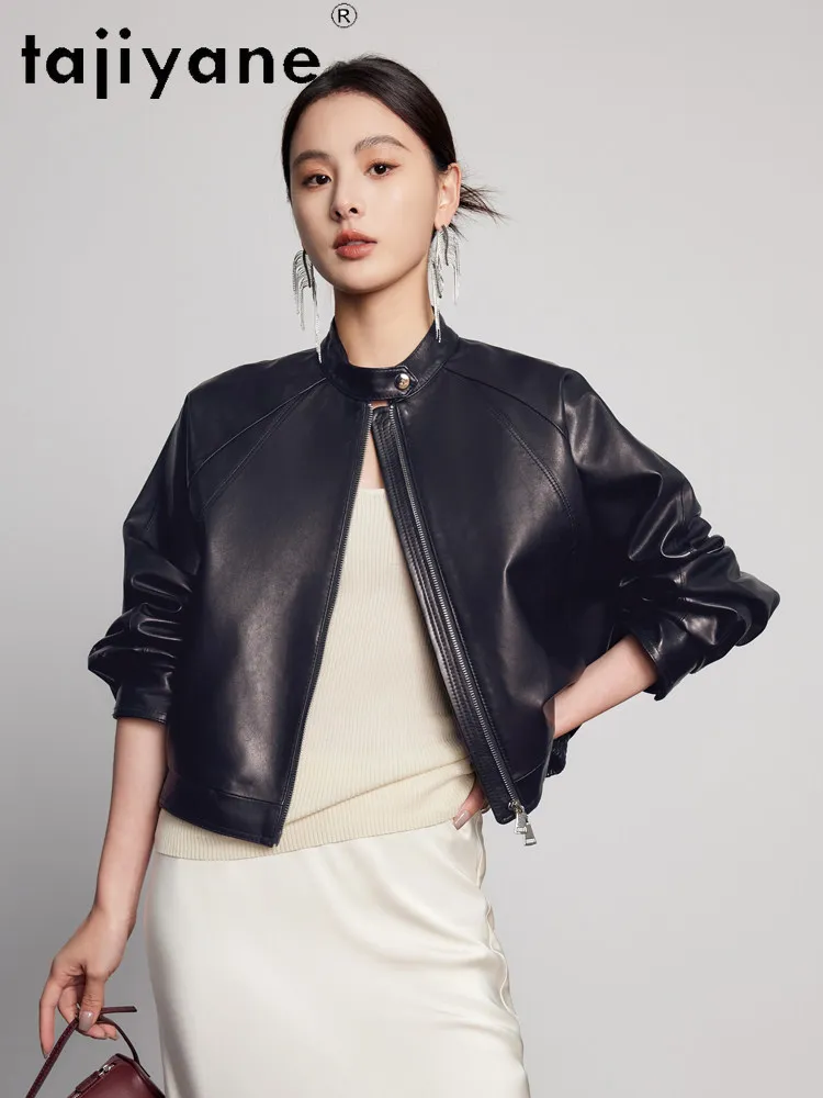 TAJIYANE Vegetable‑Tanned Sheepskin Genuine Leather Jacket Woman Short Biker Jackets Casual Stand Collar Coat 2026 Women Clothes