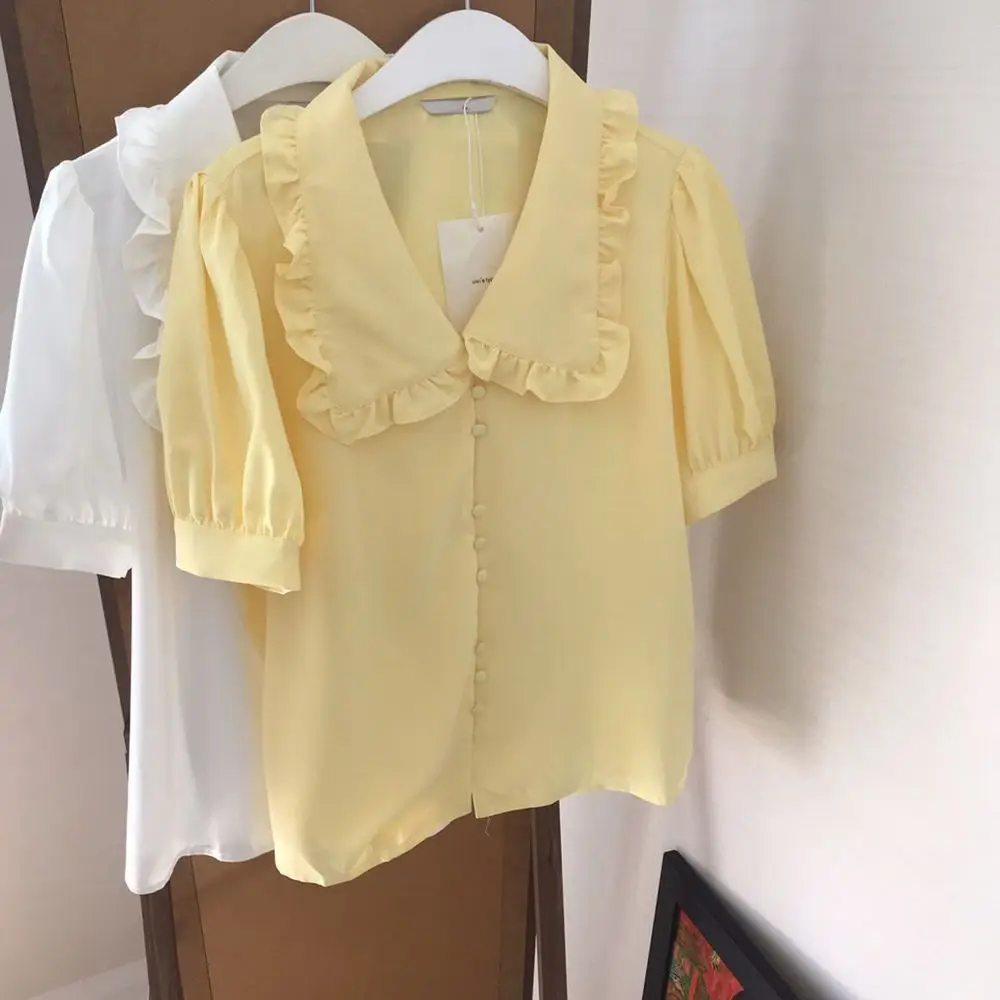 Women Blouses Yellow Peter Pan Collar Sweet Short Sleeve Ruched Ruffles Chiffon Korean Fashion Summer Loose Leisure Chic BF Ins