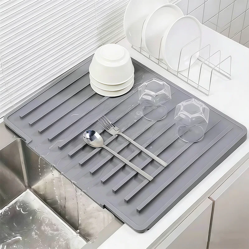 Kitchen Silicone Drain Mat, Open Outlet Water Guide Design, Fast Draining Dish Drying Pad Sink Bowl Cup Storage Mat