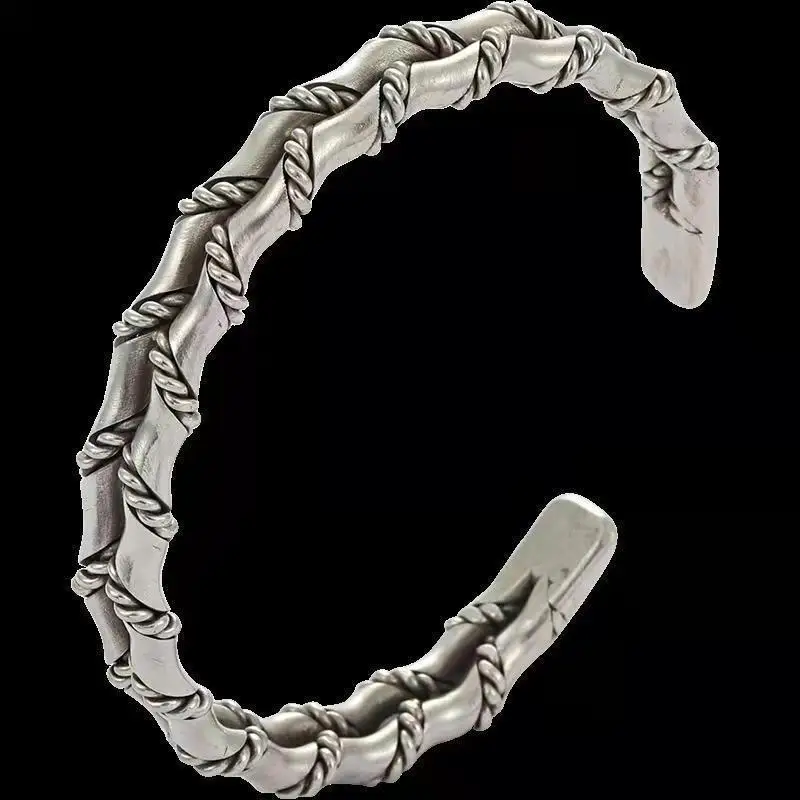 Vintage Fashion Double Silver-plated Twisted Bamboo Bracelet for Men Charm Casual Cuff Bracelet Stainless Steel Jewelry Gift