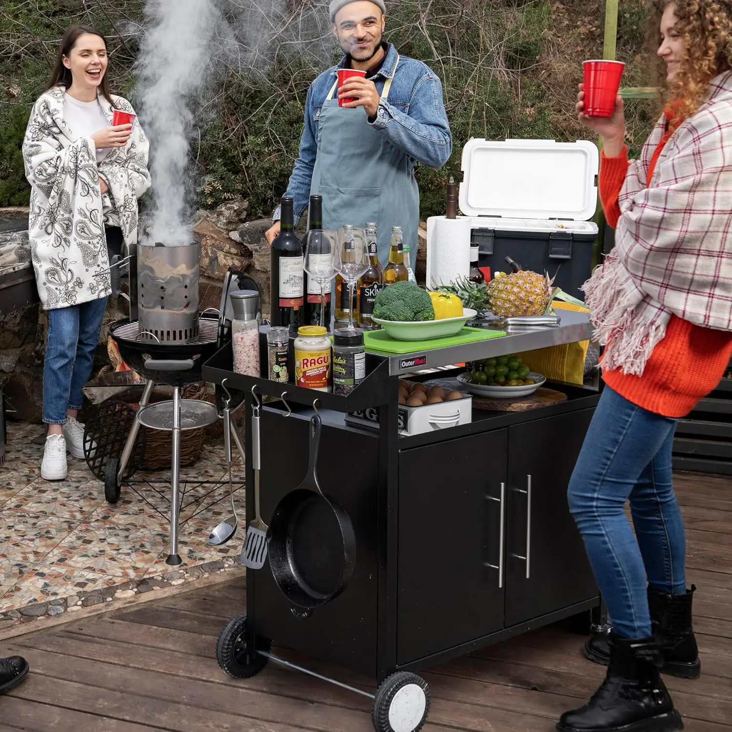 Table Outdoor Kitchen Cabinet, Moveable Outdoor Prep Table & Bar for Storage, Grilling and Pizza Oven, Multifunctional Silver &