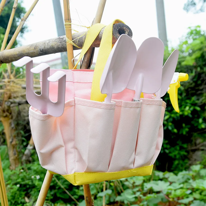 Kids Garden Tool Set 7Pcs Children Shovel Rake Watering Can Tote Bag Planting Kit Outdoor Beach Sandbox Gardening Toys Gift