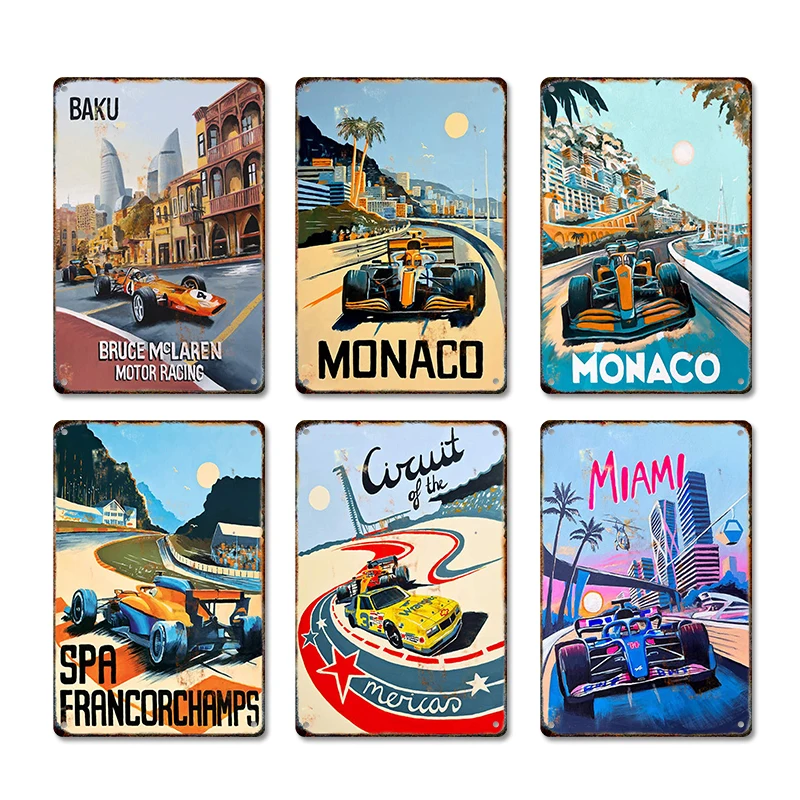 Vintage F1 Neon City Comic Watercolor Racing Car Metal Poster Tin Sign Wall Art Racer Plate Aesthetic Motorsport Decoration