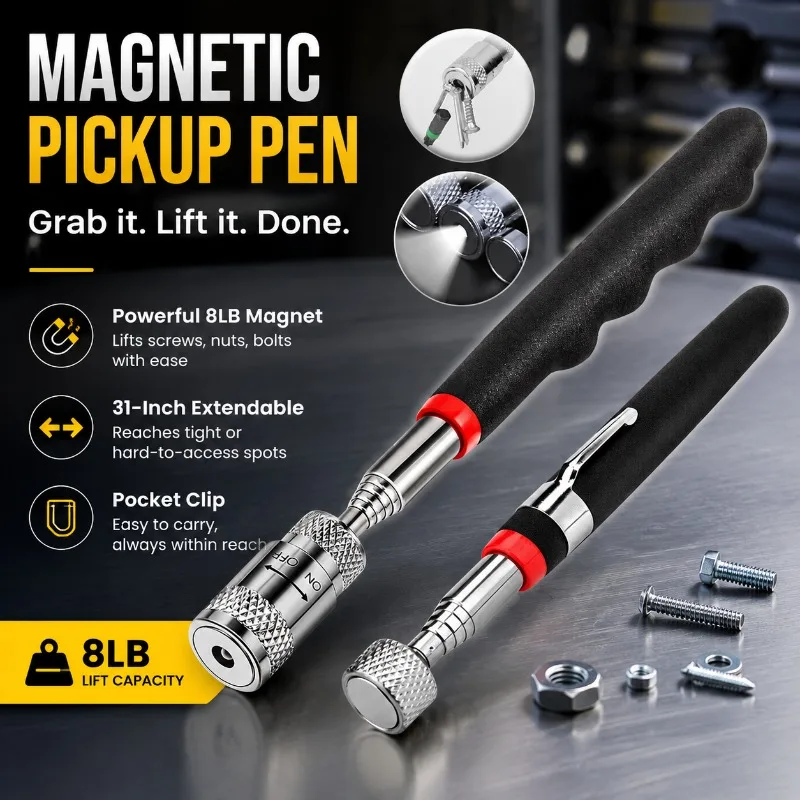Telescopic Magnetic Pickup Rod, 31-Inch Extendable Stainless Steel Magnet Pen for Screws Nuts Bolts, 8lb Capacity