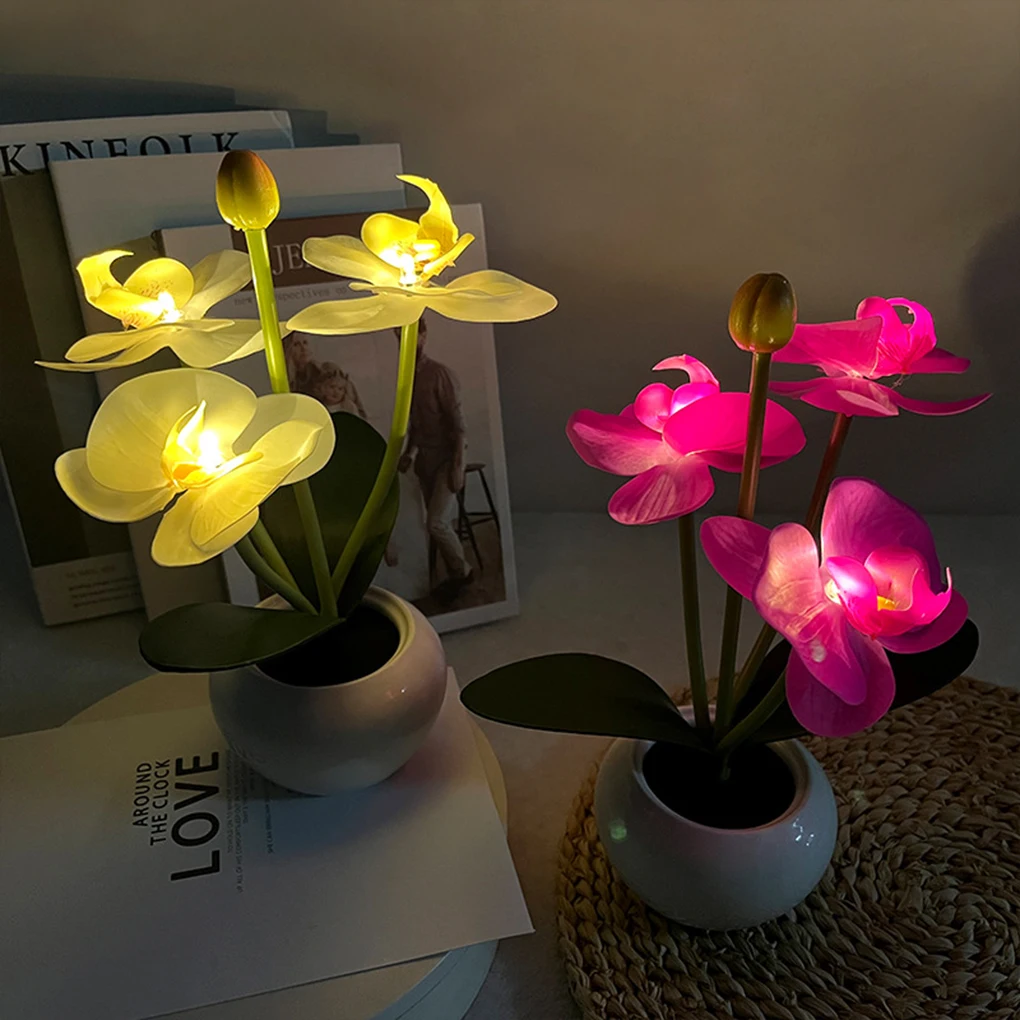 

Artificial Orchid Flower Lamp USB Rechargeable Night Light Realistic Fake Butterfly Orchid Bonsai for Bathroom Living Room Decor