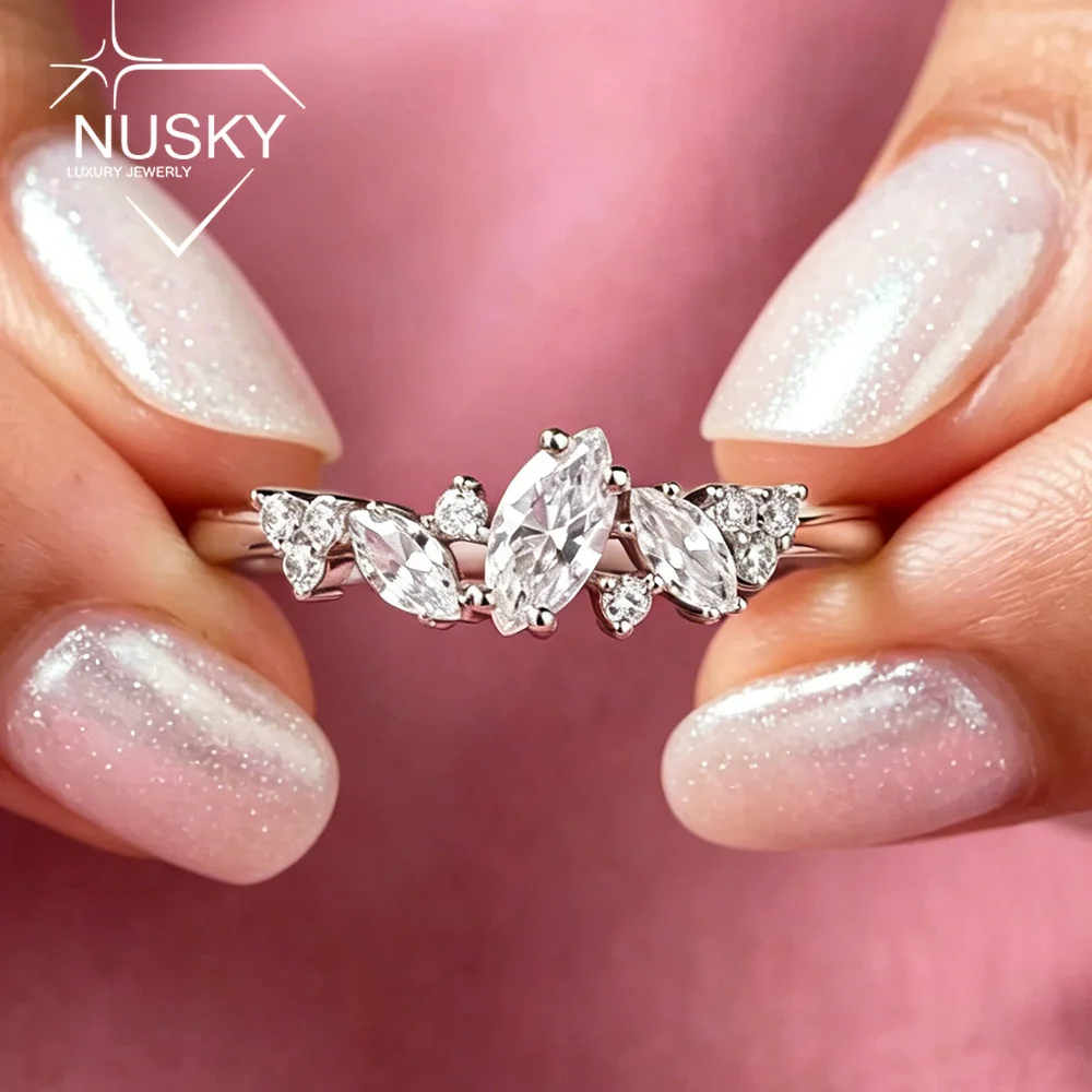 0.58cttw Marquise Cut Moissanite Rings for Women D Color VVS Lab Diamond 925 Sterling Silver Half Eternity Weeding Band Jewelry