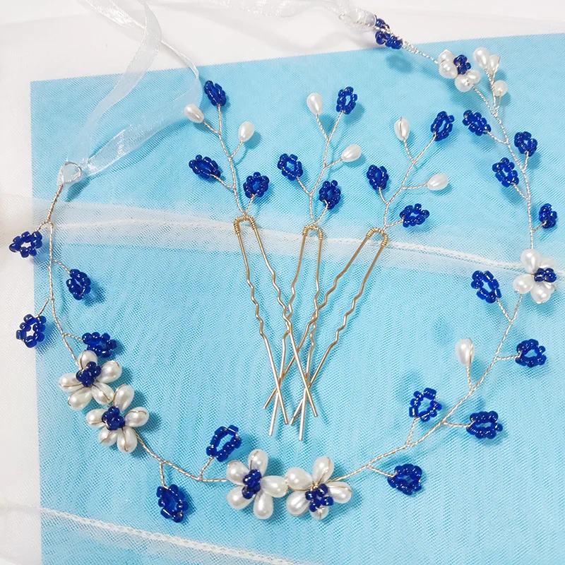 

Luxury Baroque Blue Headband Luxury Bridal Crown Queen Wedding Hair Tiara Pearl Party Head Jewelry Bride Headdress