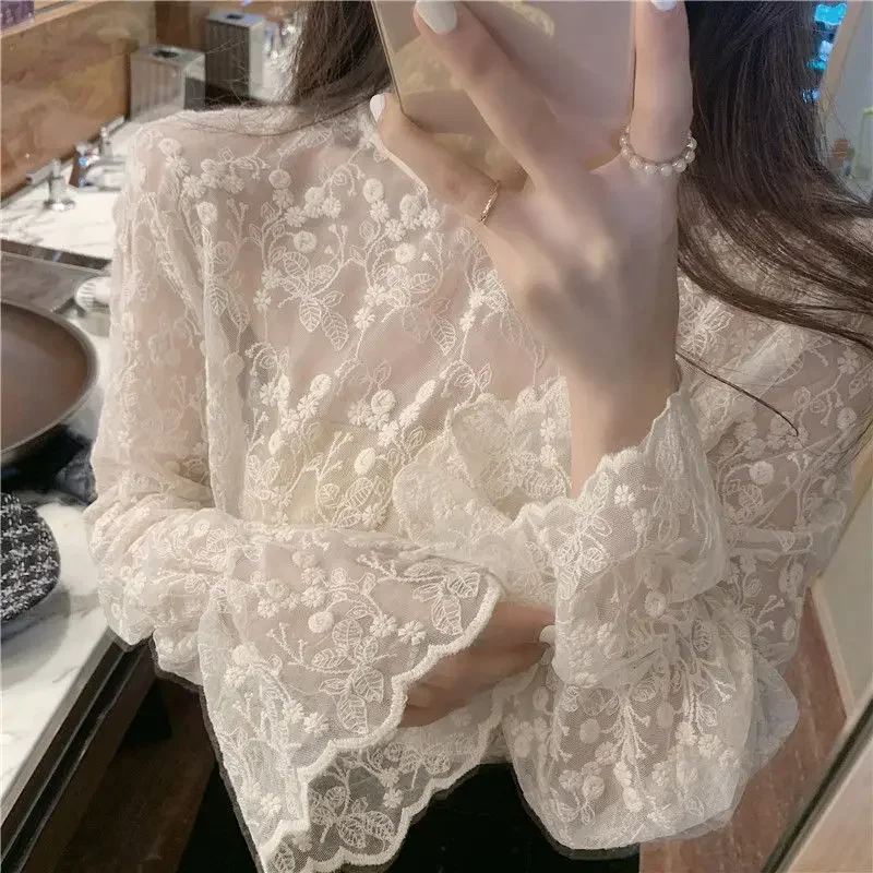 Blouse Women Lace Shirt Mesh Women\'s Lace-Collared Blouse Autumn and Winter Small Shirt Blusas Ropa De Mujer