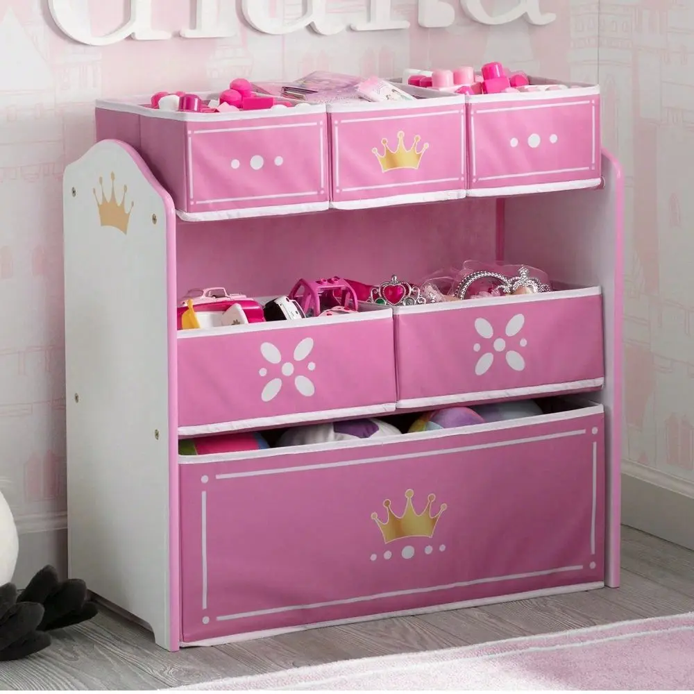 

Crown 6 Bin Storage Toy Organizer, Greenguard Gold Certified, Solid Wood Fabric, White Pink