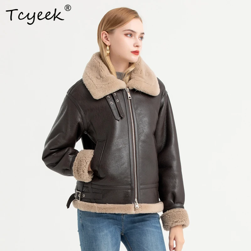 Tcyeek Genuine Sheepskin Autumn Winter High End Trendy Short Square Collar Women's Wool Shearing Fur Coat Fourrures Femme