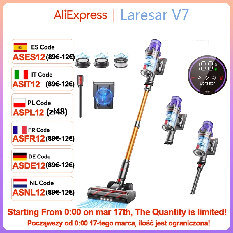 Laresar V7 500W 50000PA Suction Power Cordless Vacuum Cleaner Handheld smart Home appliance Removable Battery Dust Cup