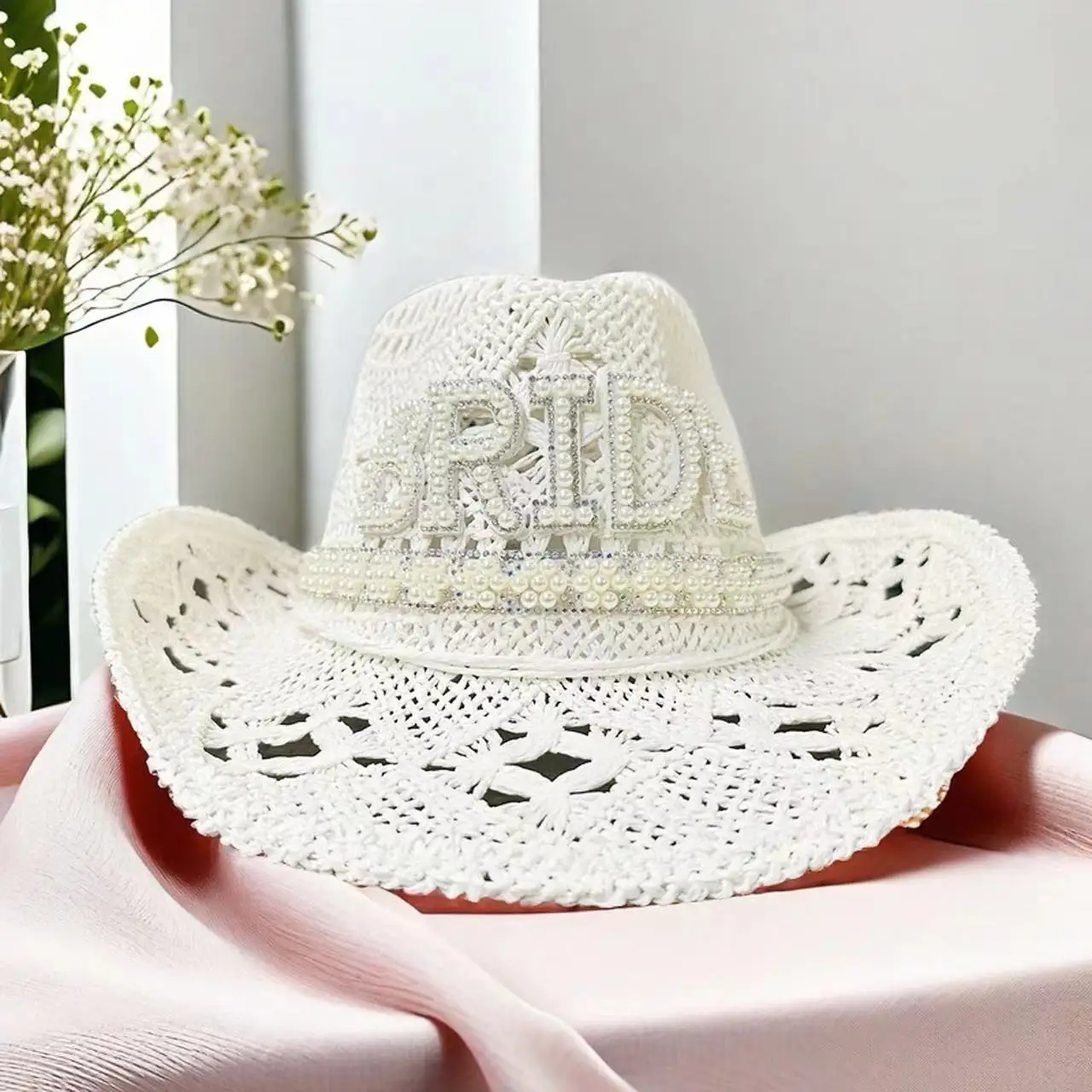 bride wedding cowboy hat rhinestone decoration breathable and comfortable sun protection romantic suitable for weddings, outdoor