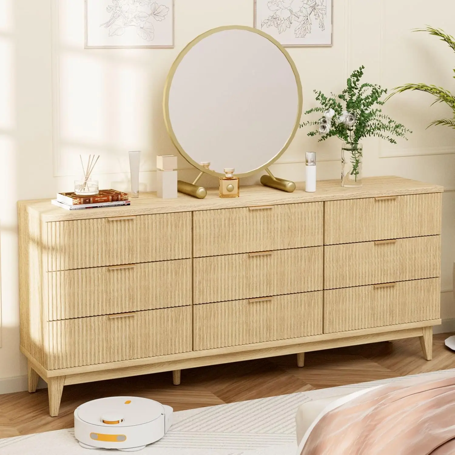 #¥Fluted 9-Drawer Dresser 56.7in Wide Chest Gold Handle Wood TV Stand Modern Bedroom Living Room Storage, Customized