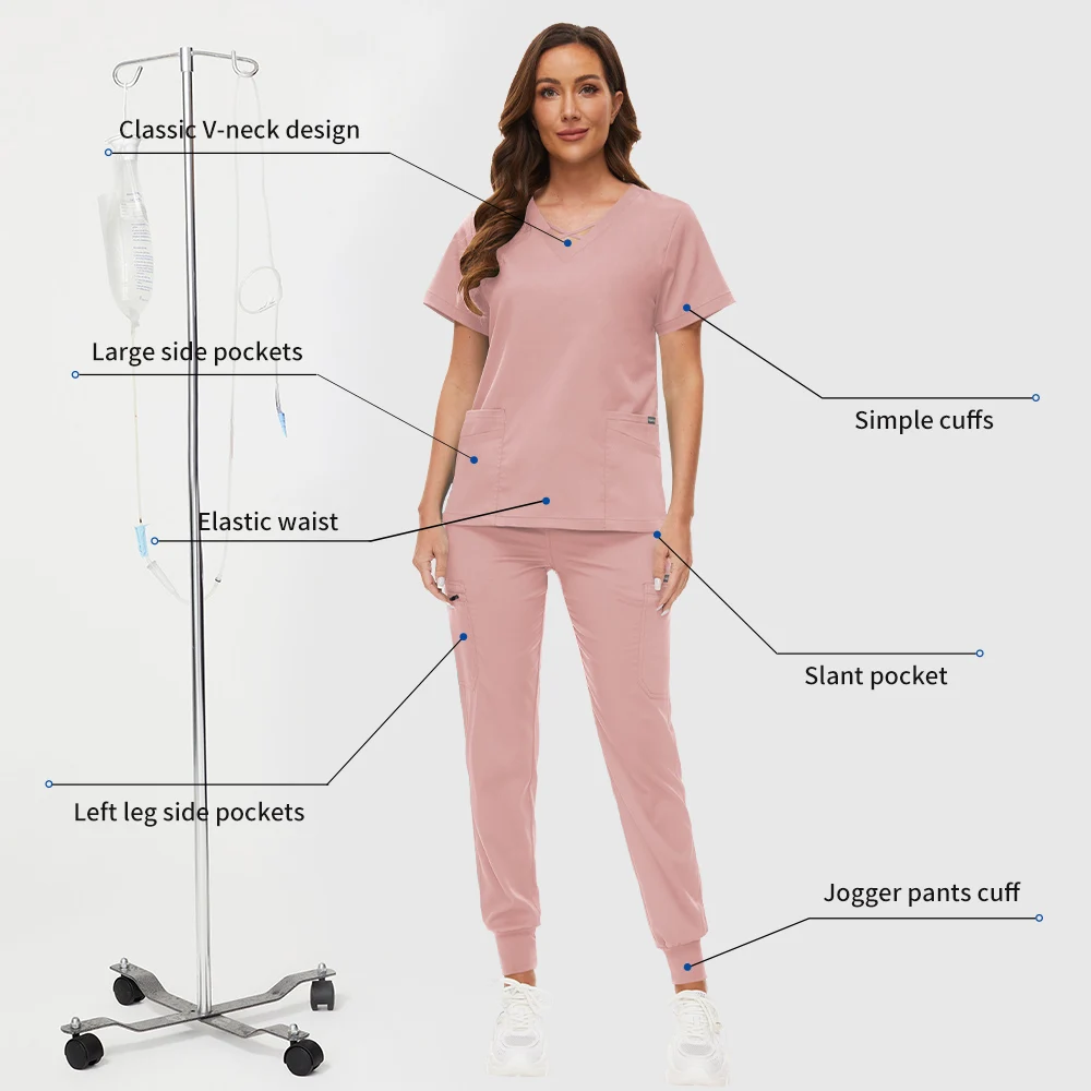 ขายส่งขัด Jogger ชุดผู้หญิงสัตว์เลี้ยงโรงพยาบาลหมอชุดสีทึบชุดผ่าตัดหลายกระเป๋า V คอเสื้อผ้าทันตแพทย์