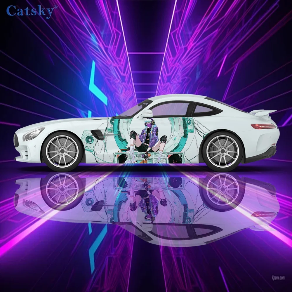 

Наклейки с изображением аниме-персонажей в масках в стиле киберпанк - наклейки на боковые части кузова автомобиля, длинные полосатые виниловые наклейки из ПВХ, универсальные, подходят для всех автомобилей.