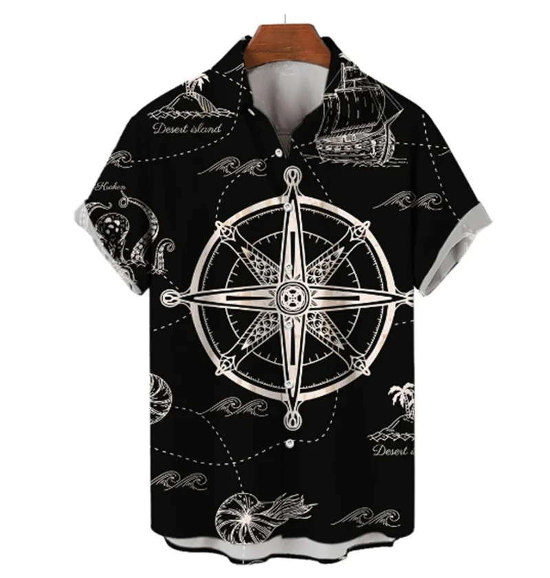 Vintage Men\'s Shirts Summer Fashion Nautical Graphic 3D Print Short Sleeve Casual Top Beach Shirt For Men Oversized Loose Blouse