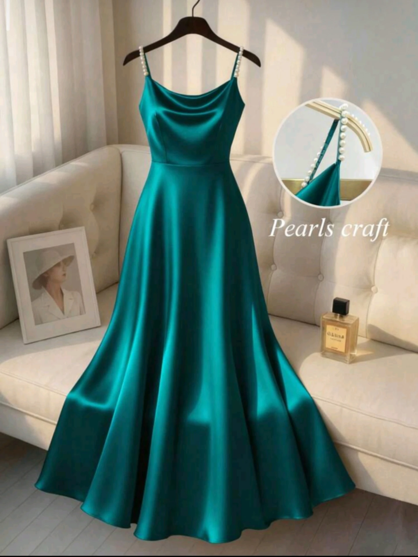 

Elegant Women Pearls Craft Prom Sexy Long Dresses A-line Evening Party Gowns Blue Gala Vestidos