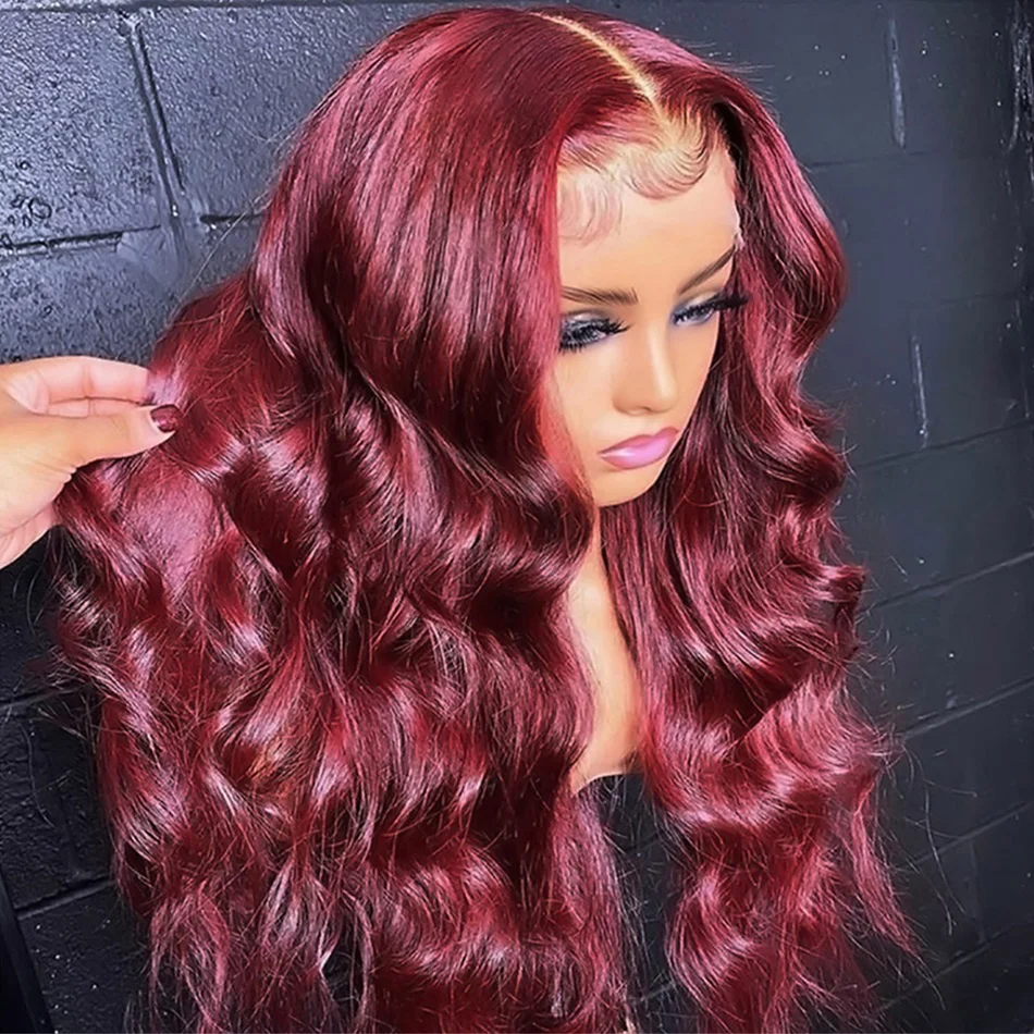 

13x6 200% Density 99J Burgundy Body Wave Frontal Wigs Brazilian Remy Hair HD Transparent Lace For Women 100% Human Hair Wigs