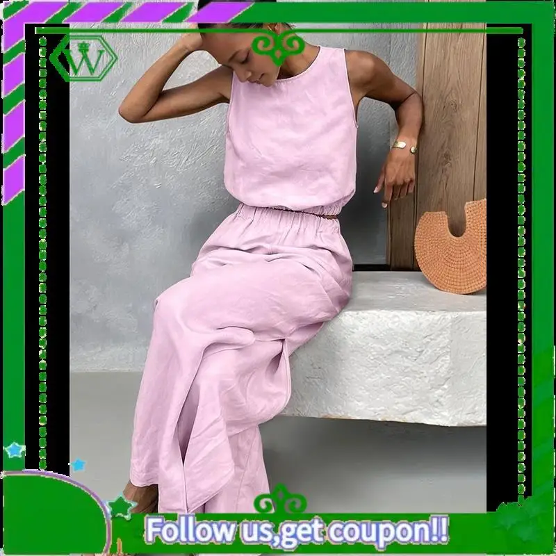 

A18P-Women's 2 Piece Outfits Linen Vest Waistcoat Dressy Casual Sets High Slit Wide Leg Pants Suits
