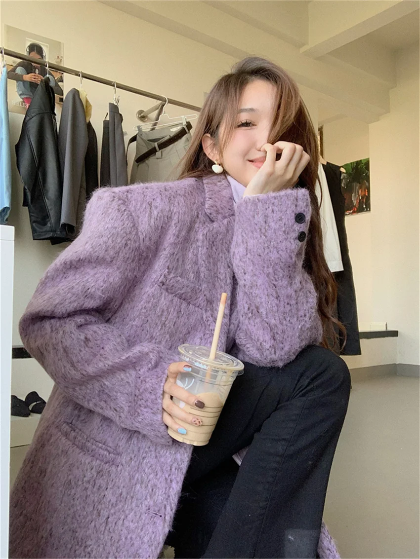 Alien Kitty Purple Women Slim-Fit Blazers Winter Woolen Chic Mujer Office Lady High Street Elegant OL Warm New All Match Coats