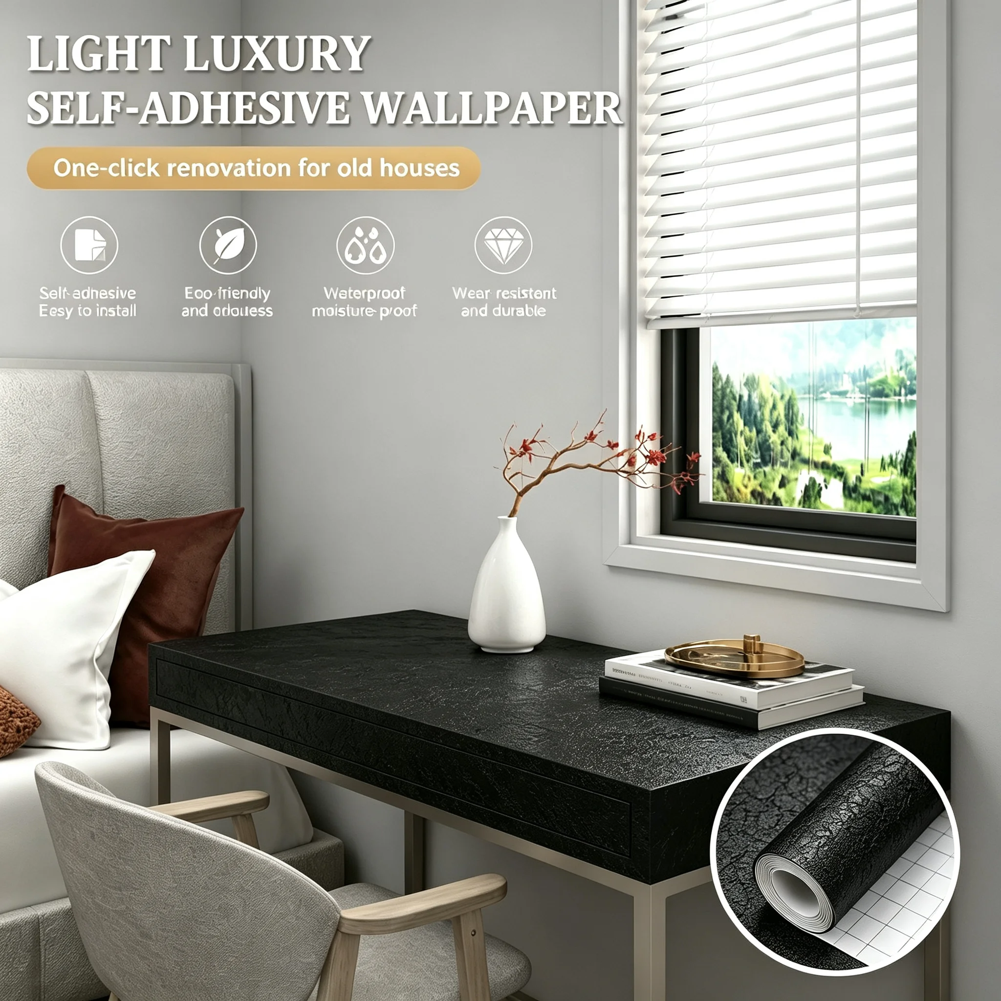 

Black Silk Embossed Textured Self Adhesive Vinyl Wallpaper Waterproof Shelf Liner for Kitchen Cabinet Countertop Furniture Decor