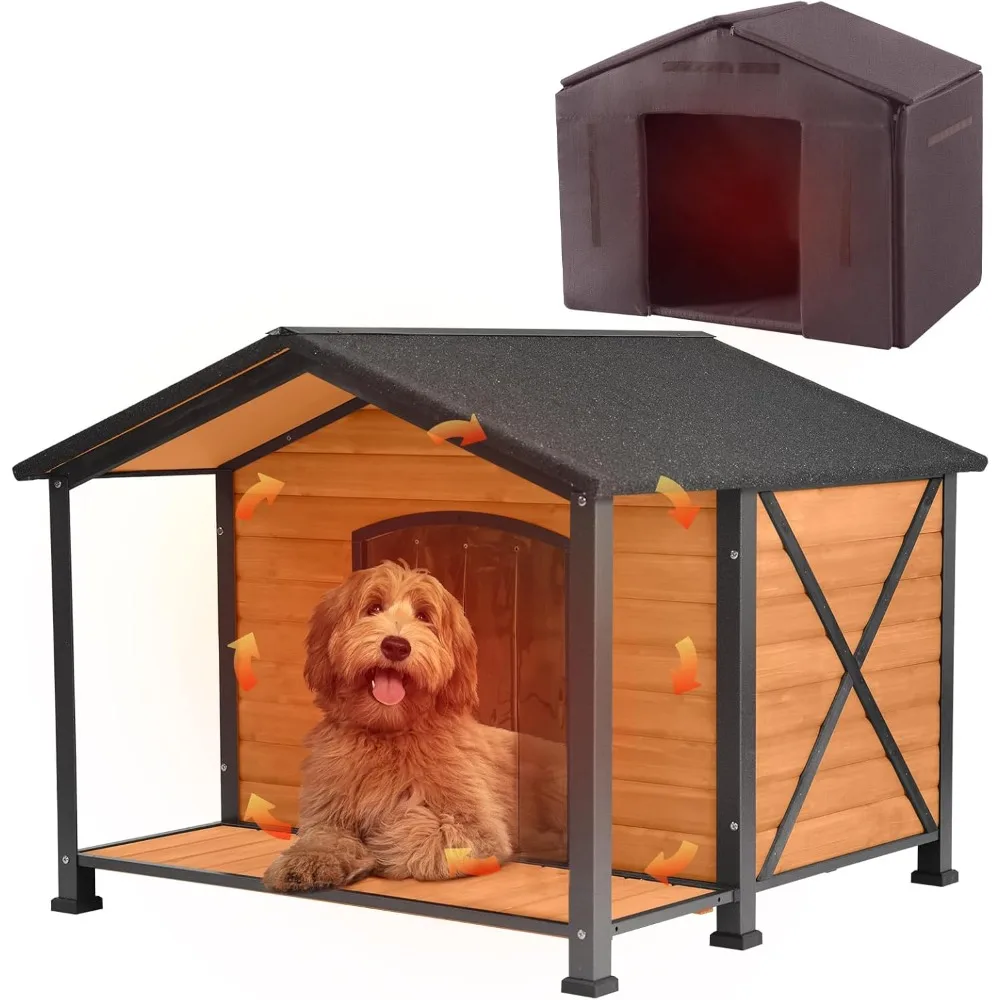 

Outdoor Dog House Insulated Extra Large Dog Kennel with Liner for Winter, Heated Dog House 100% Insulated All-Around Iron Frame