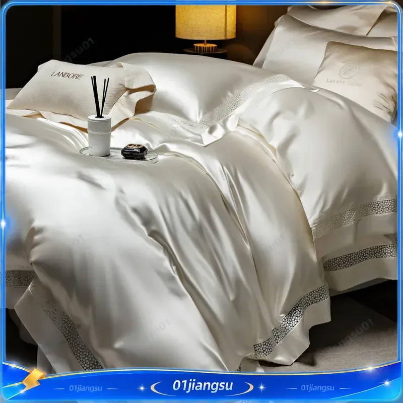 Italian Luxury Heavy Duty Water Gloss Silk Satin Bedding Set High End Ultra Fine Denier Tencel Cotton 4 Piece Home Textile