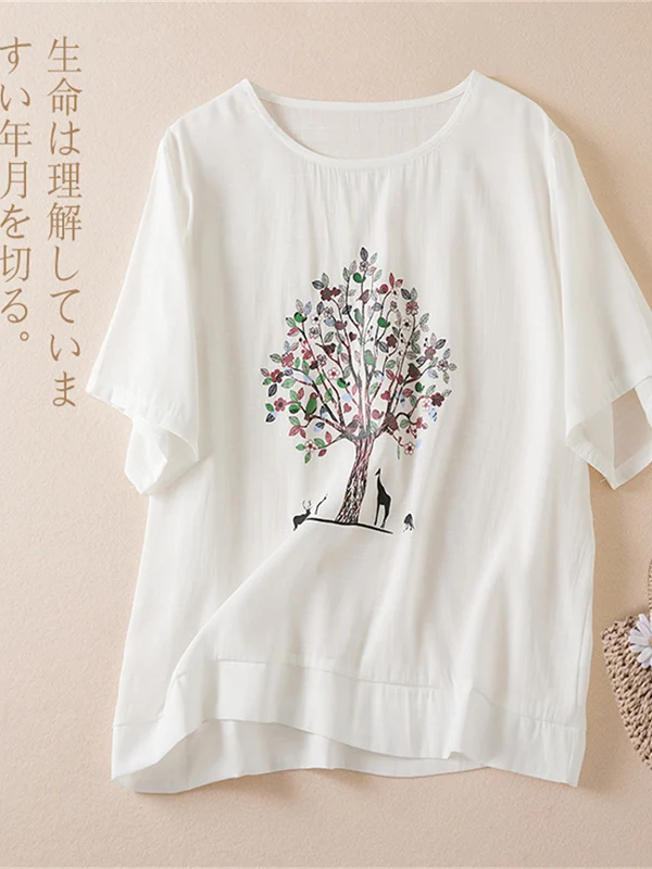 Sommer Casual Lose Baumwolle Leinen ort Sve runde Ne T-shirt frauen Top Vielseitig Bequem Große Größe Straße Sle