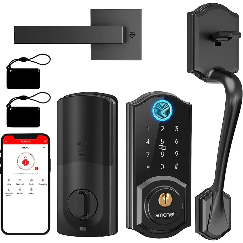 Smart Lock Front Door,SMONET Keyless Entry Door Lock with Handle, Smart Front Door Lock Set Fingerprint Smart Deadbolt Bluetooth