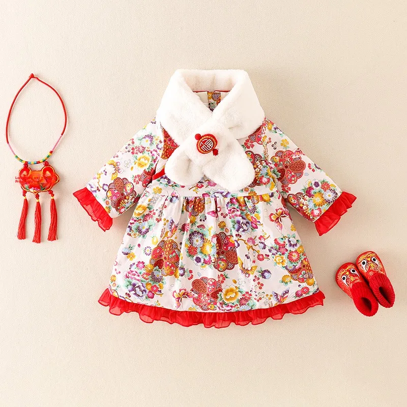 Vestido Qipao de Invierno para Niñas, Estilo Chino Tradicional, Forrado de Felpa, Vestido de Ceremonia para Bebés de Un Año, Manga Larga, Cuello Redondo
