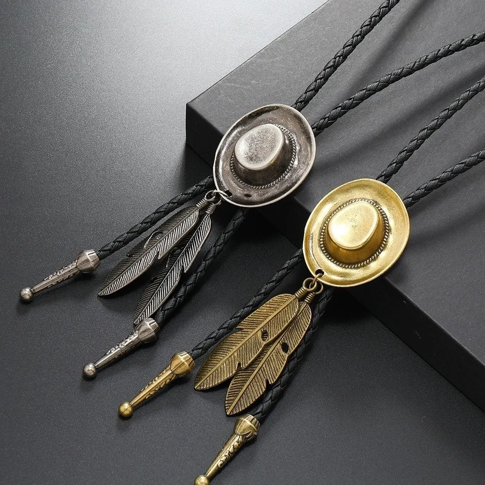 Retro Vintage Western Cowboy Hat Necklace Leather Rope Adjustable Long Pendant Chain Unisex Alloy Metal Feather Necktie Party