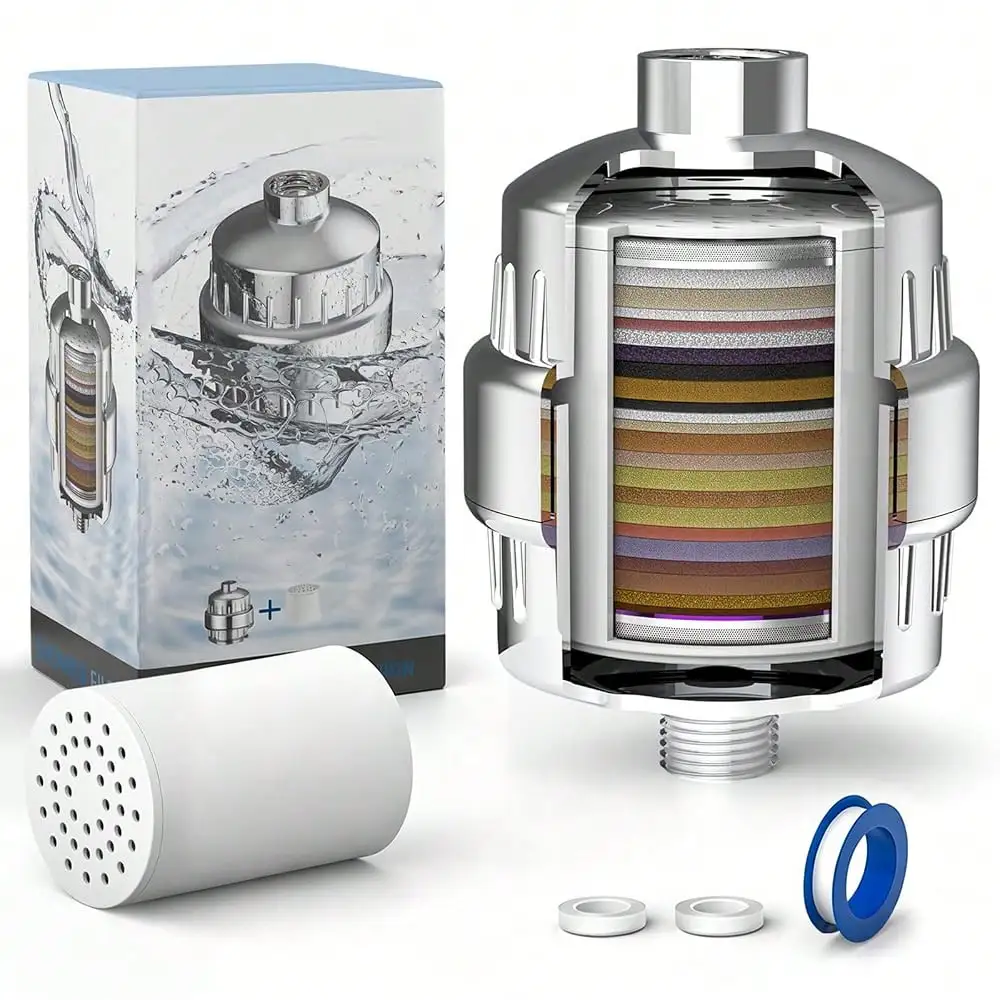 

FEELSO 20-Stage Shower Filter, Upgraded High Output Universal Shower Head Water Softener Filter For Hard Water Remove Chlorine Fluoride Heavy Metals Sediments Impurities