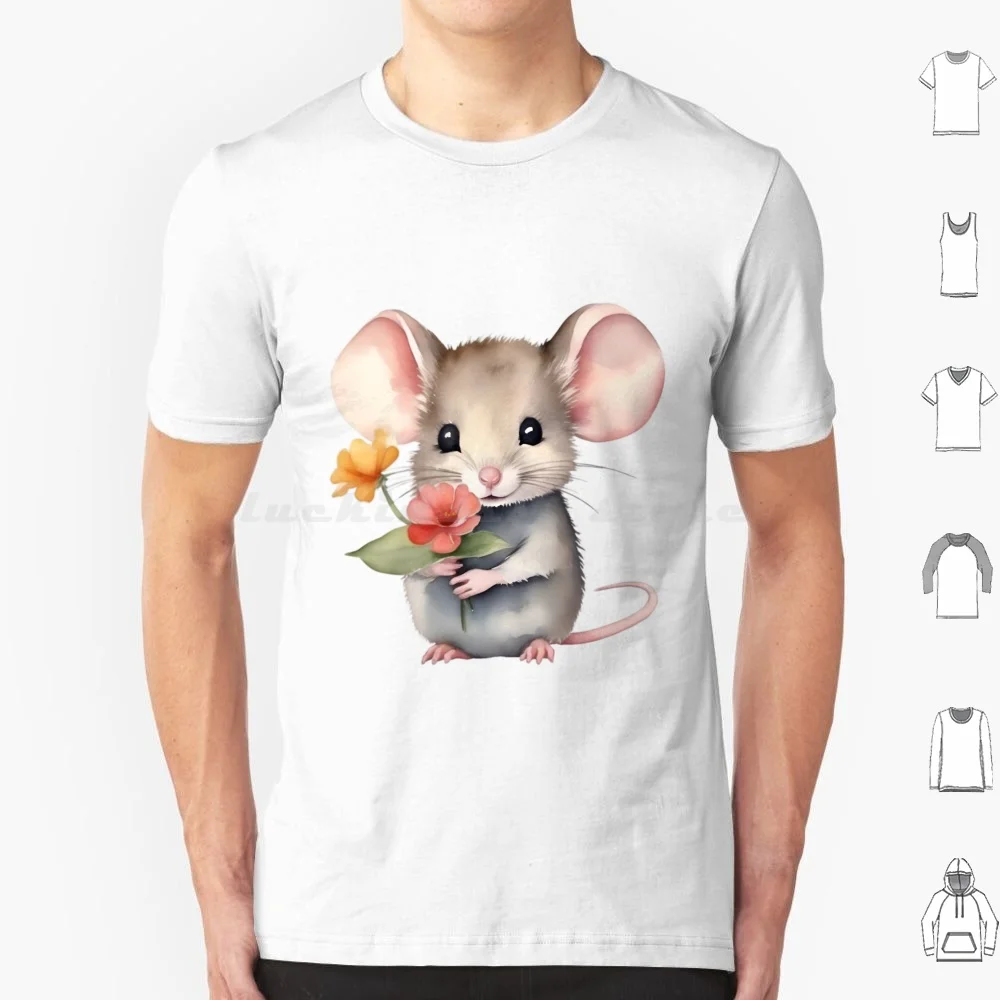 Cute Watercolor Mouse With Flowers. T Shirt 6xl Cotton Cool Tee Cute Mouse Rat Mice Pet Funny Rodent Corgi Kawaii Princess