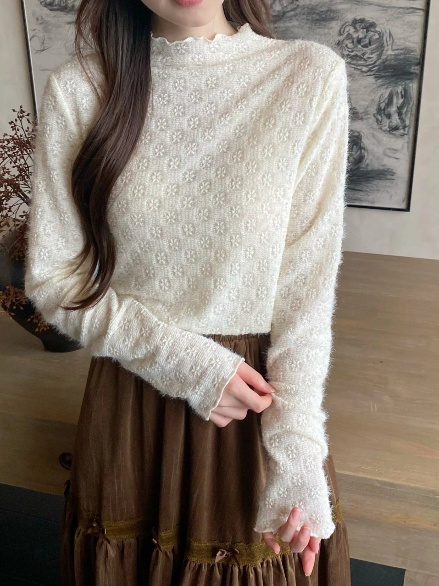 

Женская базовая кофта Mobai с высоким воротником и кружевом, облегающая, для осени и зимы, с красивым кружевным узором, индивидуальный дизайн