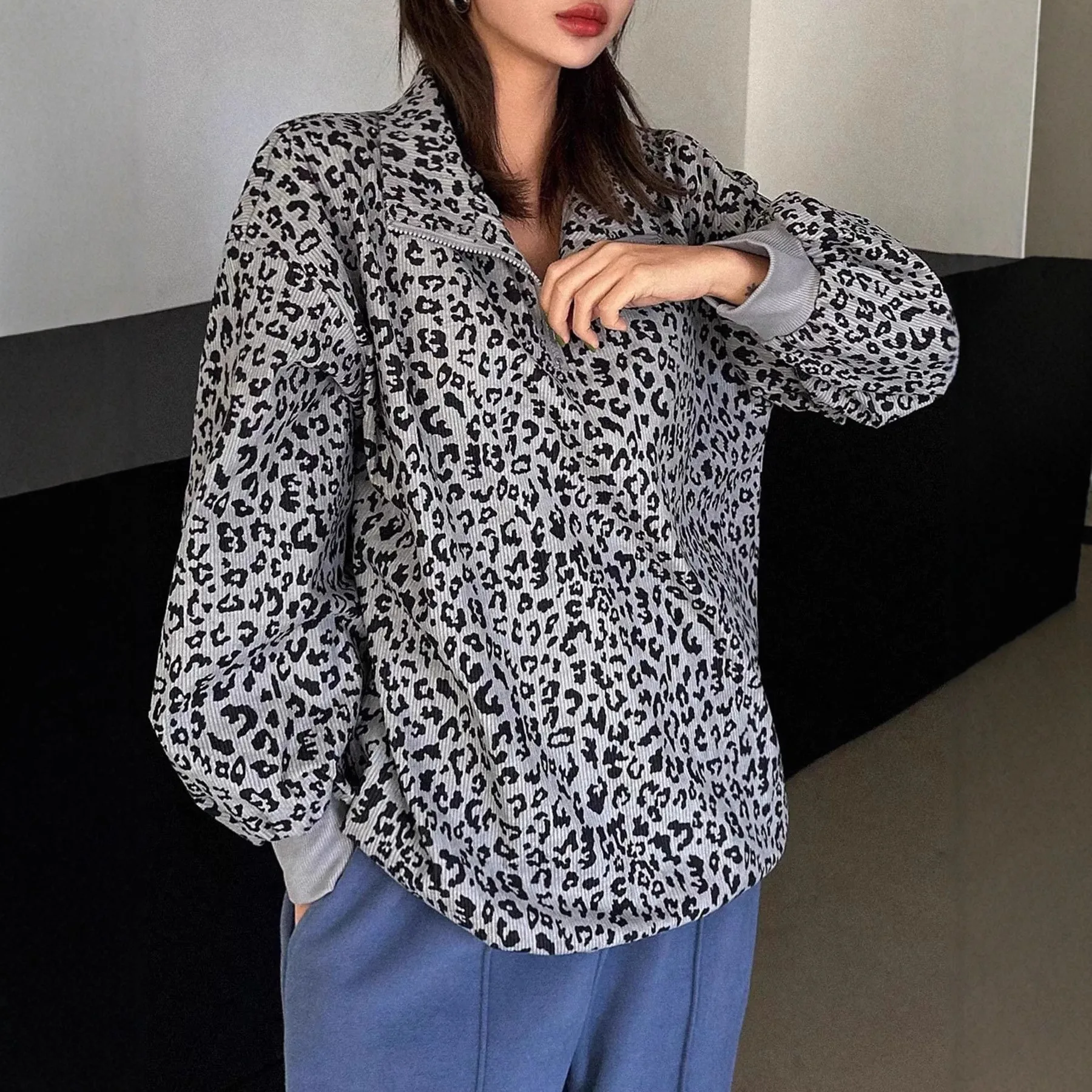 ليوبارد طباعة تنوعا البلوز المرأة سستة التلبيب كم طويل الخريف موضة البلوز Roupa الأنثوية جيرسي Invierno Mujer