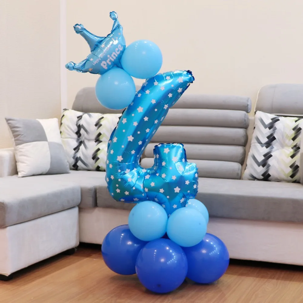 

32in Birthday Party Number Balloon Blue Pink Number Cartoon 0-9 Foil Balloon Star Print Aluminum Film Zoo Theme Decoration